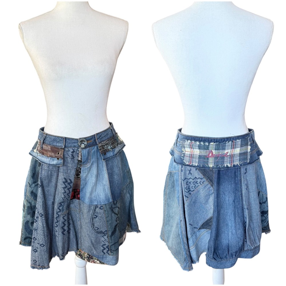 Desigual Patchwork Denim Mini Skirt‎ Boho Embroidered Blue Flared Size 36